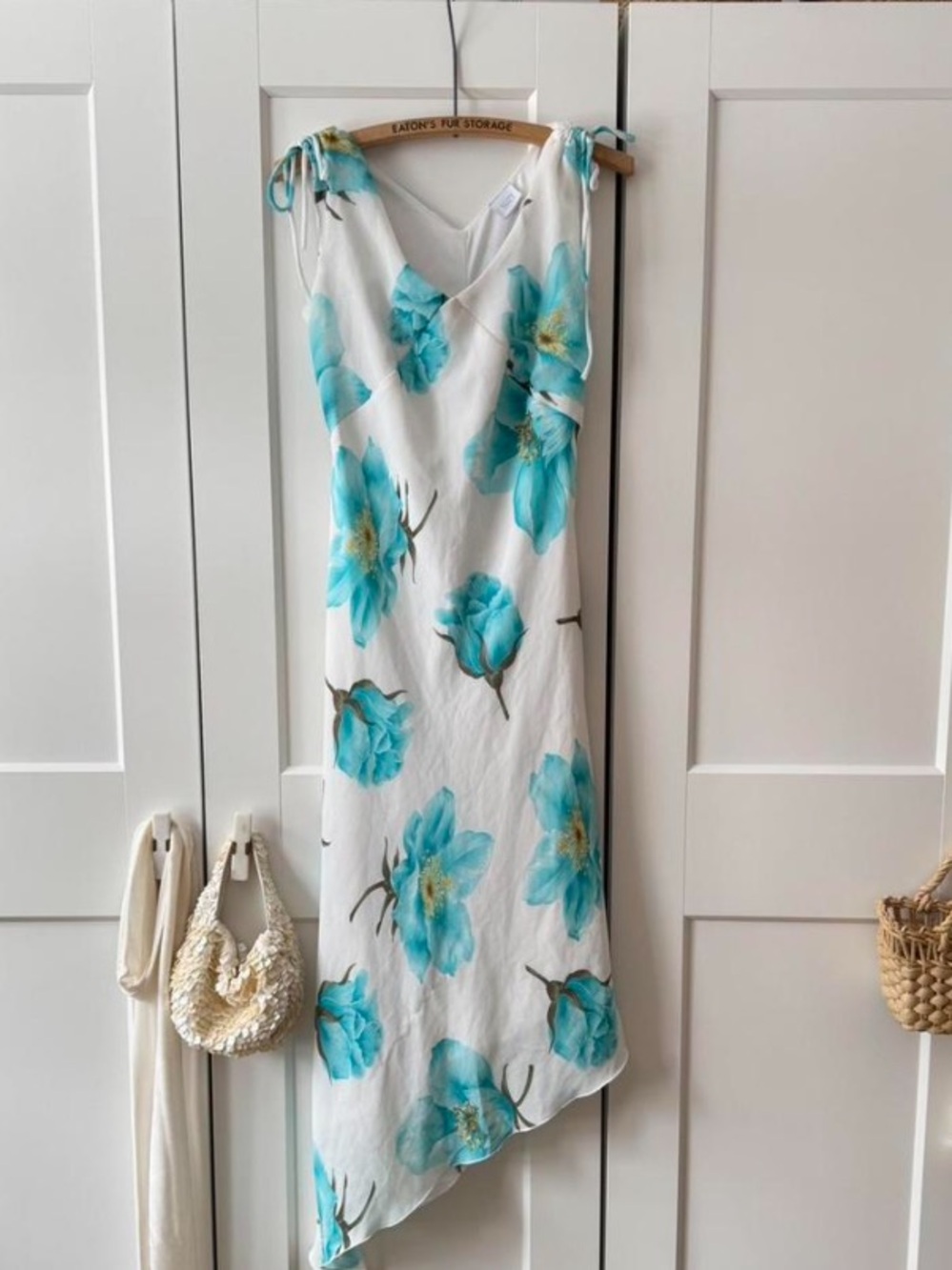 White Floral Tie back Dress with Turquoise Blue Blooms